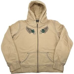 VTG y2k Womens Cream Harley Davidson Angel Wings Full Zip Hoodie Sweatshirt Sz L